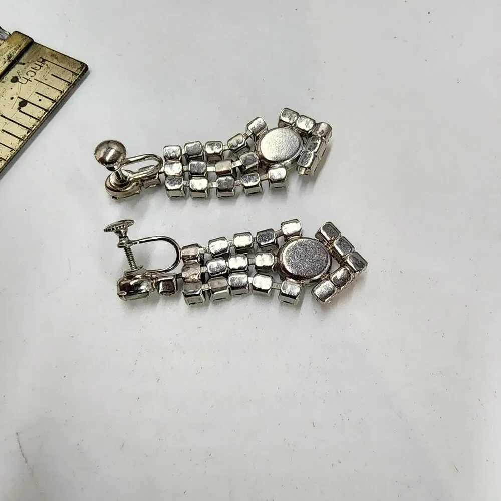 Vintage Clear Rhinestone Long Screw Back Dangle Chandelier Earrings Elegant
